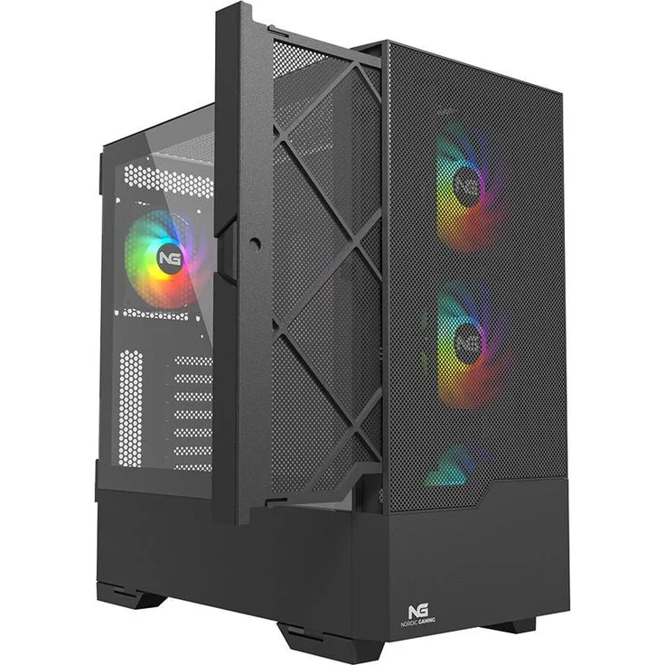 Nordic Gaming Munin PC-Gehäuse, ATX/mATX/Mini-ATX, schwarz, mit optimierter Kühlung und Platz für bis zu 5 Laufwerke