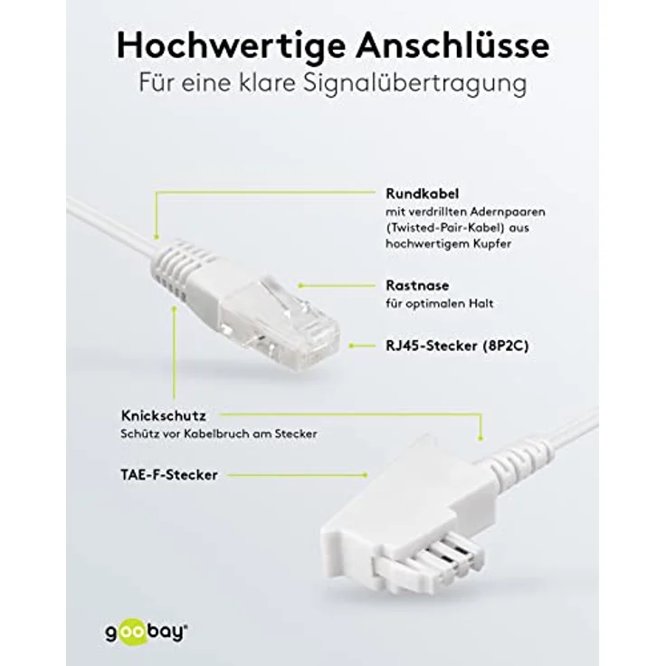 goobay 60672 Routerkabel, Telefonkabel, Anschlusskabel für DSL/ADSL/VDSL, TAE-F Stecker auf RJ45 Stecker (8P2C), weiß, 10 Meter – Bild 3