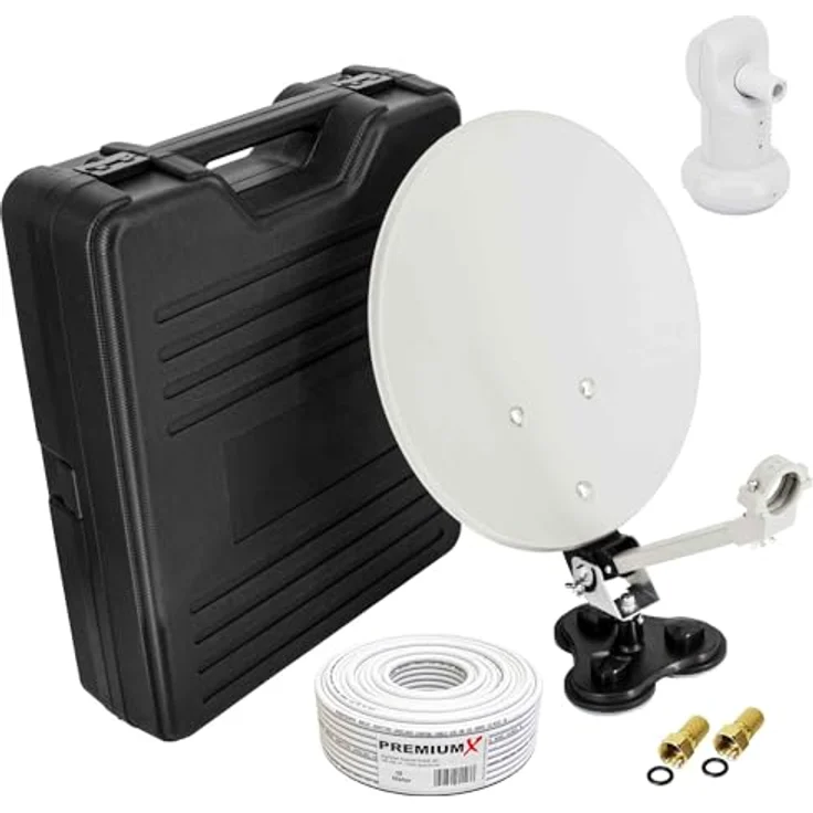 PremiumX Camping SAT Anlage, Single LNB mit 10m Kabel, 2x F-Stecker und robustem Transportkoffer – Bild 1