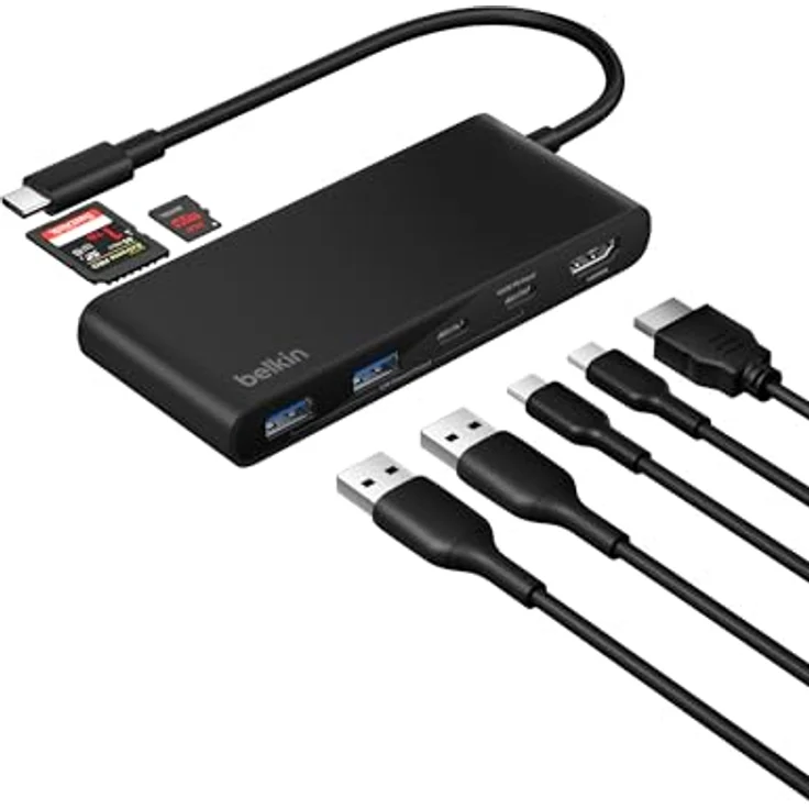 Belkin USB C Hub 7-in-1 Docking Station mit 4K HDMI 60 Hz, 100 W Power Delivery, 5 Gbit/s Datentransfer, SD und MicroSD Kartenleser – Schwarz – Bild 1