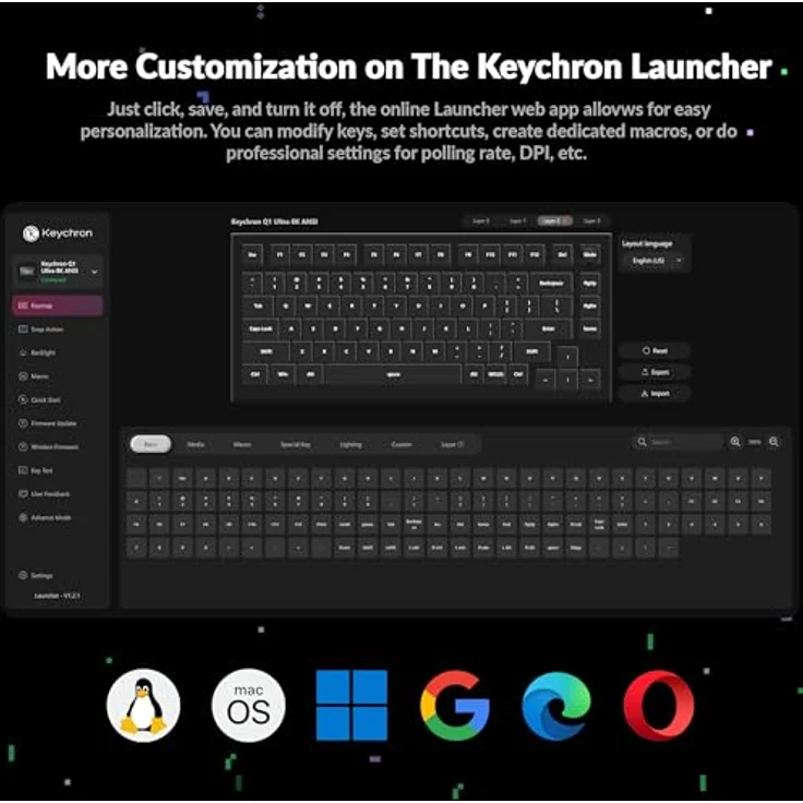 Keychron Q1 Ultra 8K, Kabellose mechanische Tastatur mit 75% Layout, Aluminium, ZMK-programmierbar, 82 Tasten, POM Switch - Banana, RGB, 2,4 GHz/Bluetooth, kabelgebunden, QWERTY US – Bild 7