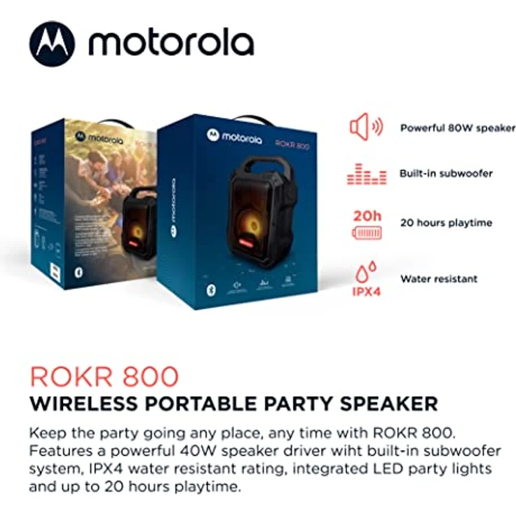 Motorola Sound ROKR 800 Bluetooth-Lautsprecher - 20 Stunden Akkulaufzeit - FM-Radio - Farbige LED - DC, USB, AUX und MIC-Anschlüsse - True Wireless-Technologie - Schwarz – Bild 2