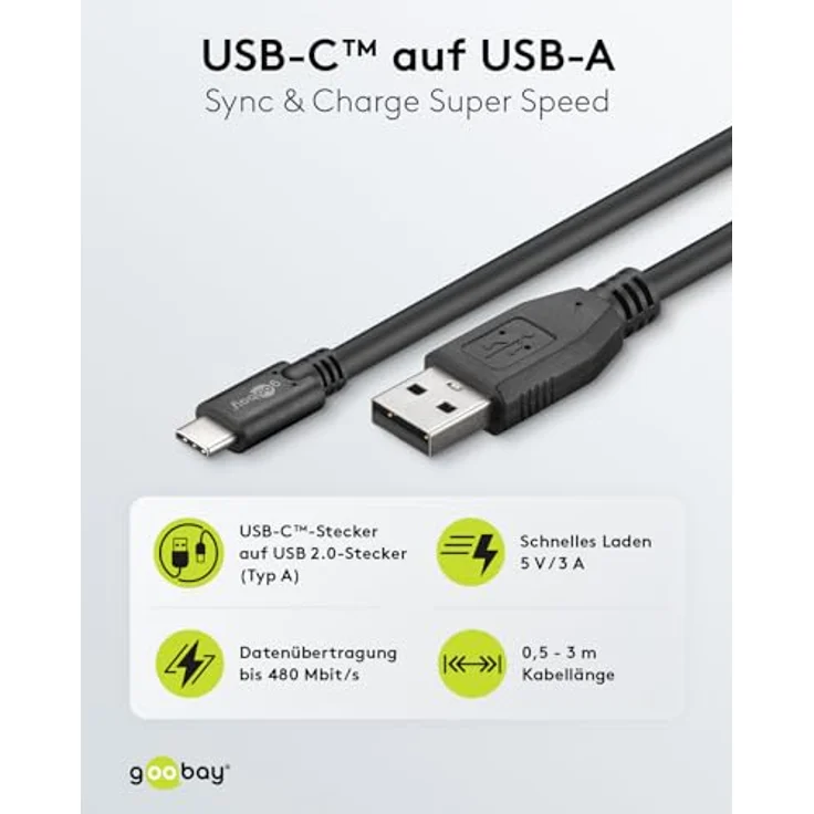 Goobay USB 2.0 Kabel USB-C auf USB A, schwarz, 1.8 m - geeignet für Geräte mit USB-C Anschluss (55468) – Bild 3