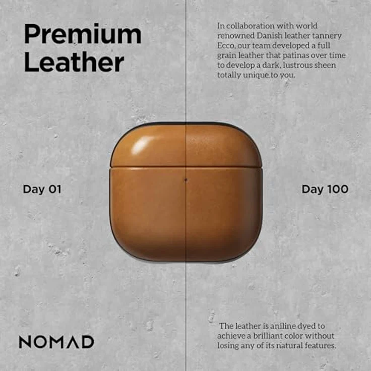 NOMAD Modern Leather Case für Airpods 4 | Robuste Schutzhülle aus Polycarbonat und Echtleder, gummierte TPE-Bumper, kabelloses Laden, English Tan – Bild 4