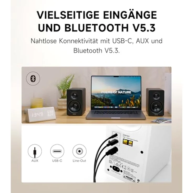 Edifier M60 Multimedia-Lautsprecher Bluetooth 5.3, 66W RMS, Hi-Res Audio & Hi-Res Wireless Audio, LDAC, 3" Mittelbass & 1" Hochtöner, USB-C & Aux-Eingänge, Kompakter Desktop Lautsprecher - Schwarz – Bild 5