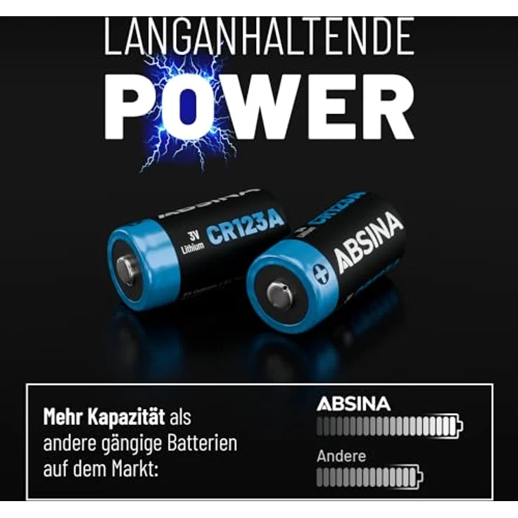 ABSINA ABSINA Batterie CR123A Lithium 3V 4er Pack Batterie, hohe Kapazität und Temperaturfestigkeit, (1 St) – Bild 5