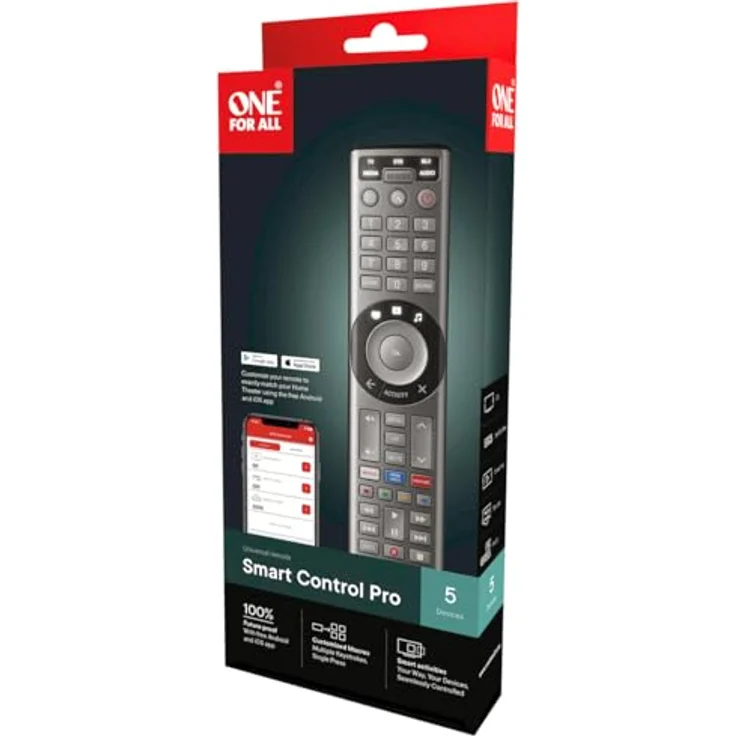 ONE FOR ALL Smart Control Pro 5 (URC7956), Universal Fernbedienung für bis zu 5 Geräte mit Lernfunktion, App-Steuerung und Schnellzugriffstasten für Streaming-Dienste – Bild 3