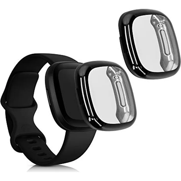 kwmobile 2X Schutzhülle kompatibel mit Fitbit Versa 3 / Sense Hülle - Fullbody Cover Set aus Silikon - Schwarz Transparent