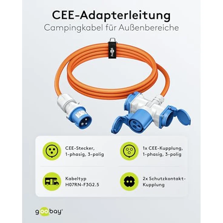 goobay CEE-Adapterkabel 10 m, CEE-Stecker auf 1 x CEE-Buchse und 2 x Schutzkontakt-Steckdose, IP 44, orange für Camping, Wohnmobil und Baustelle, 76266 – Bild 2