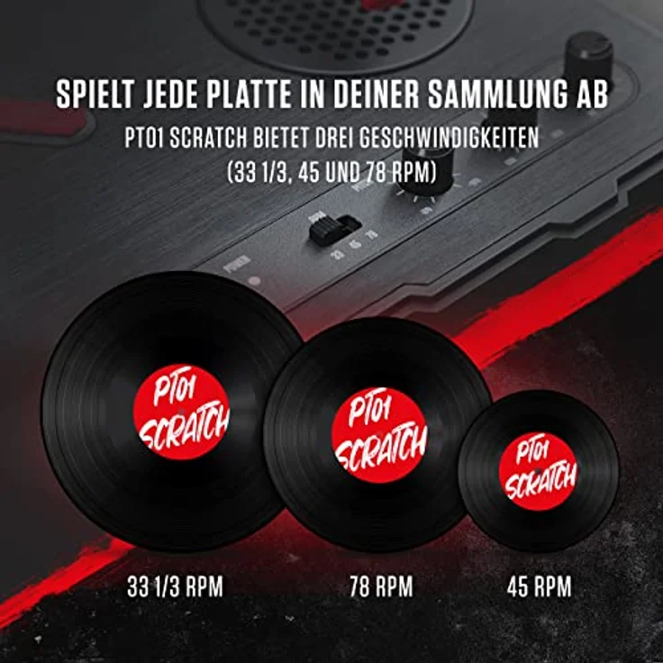 Numark PT01 Scratch - tragbarer DJ-Plattenspieler mit auswechselbarem Scratch-Switch, eingebautem Lautsprecher, Stromversorgung über Batterie - Netzteil, 3 Geschwindigkeiten und USB-Verbindung – Bild 6