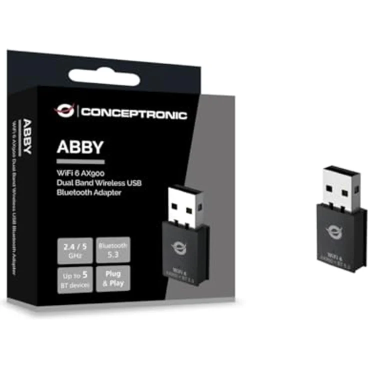 Conceptronic ABBY26B WiFi 6 AX900, Dualband Wireless USB Bluetooth Adapter, 900 Mbit/s, Schwarz – Bild 2