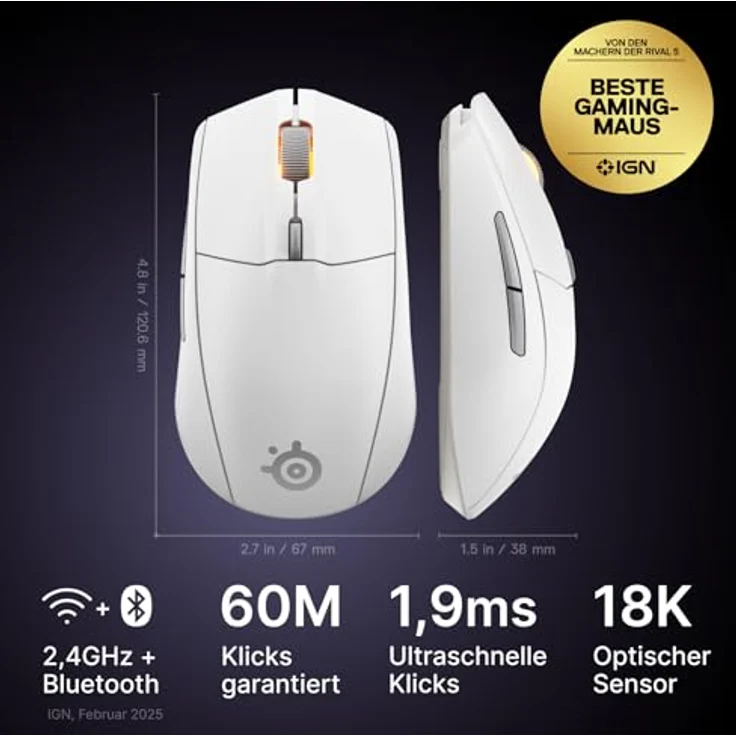 SteelSeries Rival 3 Wireless Gen 2, Gaming-Maus mit 2,4 GHz und Bluetooth, 18.000 DPI TrueMove Air-Sensor, 200 Std. Akkulaufzeit, ultraleicht, PTFE-Gleitfüße, Weiß – Bild 2