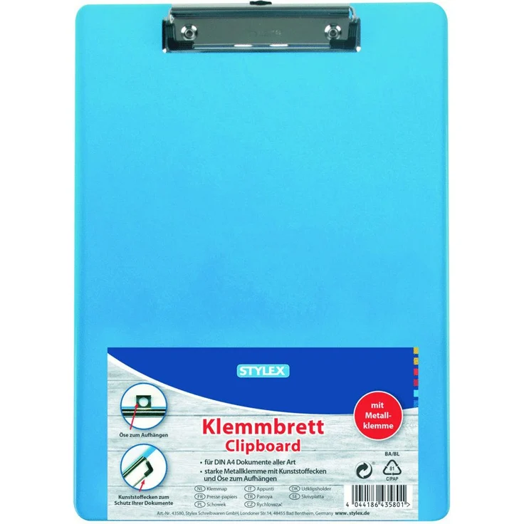 Stylex Präsentationsordner Stylex Klemmbrett für DIN A4 Dokumente Transparent, Metallklemme, Kunststoffecken, Aufhängöse, 31,0 x 22,5 cm