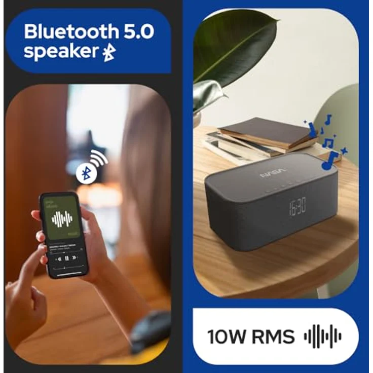 NASA SPC800 Wecker – Radiowecker mit 10 W RMS Bluetooth-Lautsprecher, kabelloses Laden 5 W, doppelter Alarm, Stereo-Effekt, LED-Licht, wiederaufladbarer Lithium-Akku – Schwarz – Bild 4