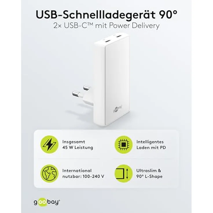 Goobay USB-C PD GaN Dual-Schnellladegerät, 90° Flat Design, 45 W für Smartphones und Tablets, weiss – Bild 2