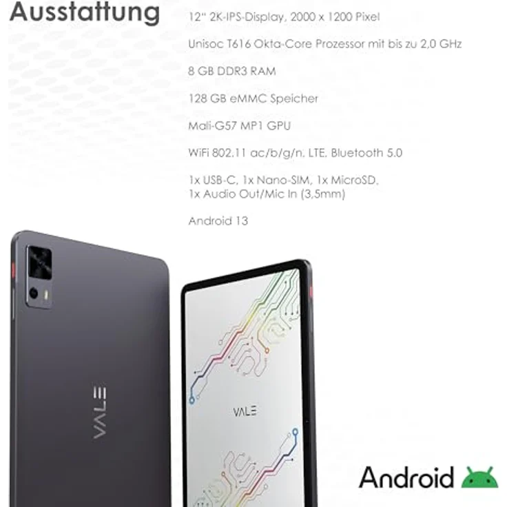 VALE V12E-LTE-8128 Tablet in Schwarz | 12" 2K IPS Display | Octa-Core Prozessor | 8 GB RAM | 128 GB eMMC | 8 MP Kamera | Android 13 (LTE) - Preisvergleich – Bild 2
