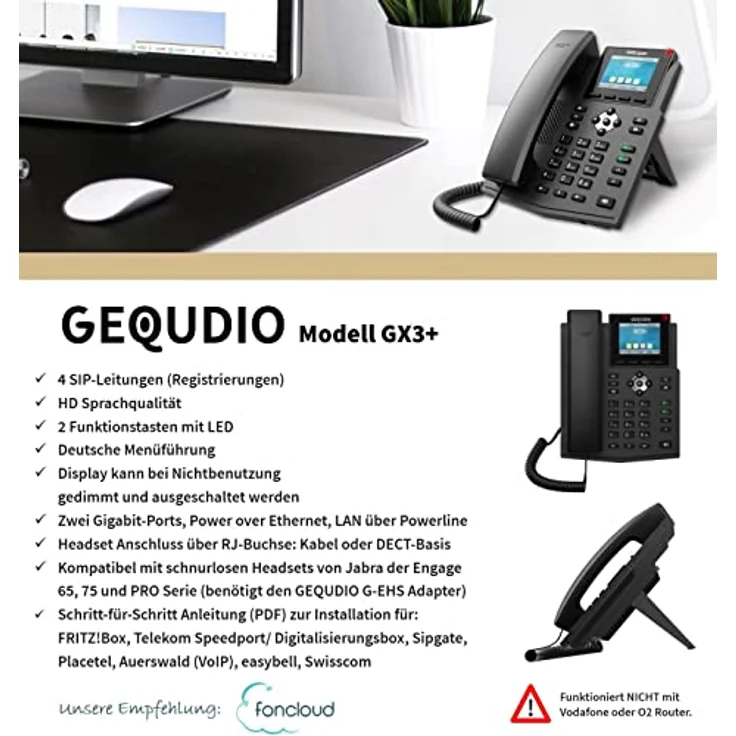 GEQUDIO IP Telefon GX3+ Set mit Netzteil Adapter - SIP VoIP - Fritzbox, Telekom kompatibel - Freisprechen & Farbdisplay - Deutsche Anleitung (PDF) für Fritz Box, Sipgate, Telekom Speedport – Bild 2
