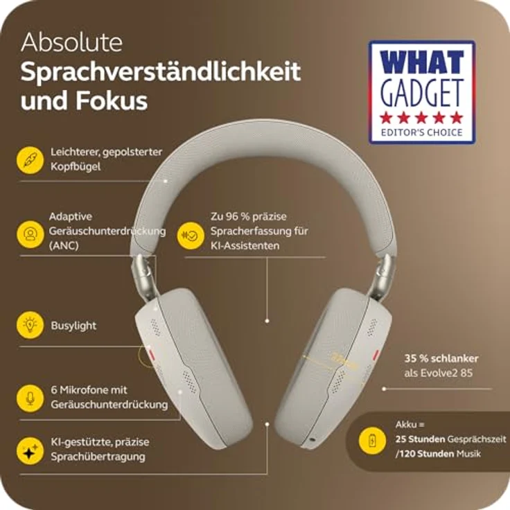 Jabra Evolve3 85, schnurloses Stereo Headset mit KI-gestützter Sprachisolierung und adaptiver Geräuschunterdrückung, Bluetooth, USB-C, Warmgrau – Bild 3