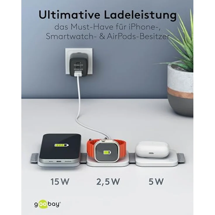 goobay 65312 MagSafe Ladestation/Kabelloses 3in1-Ladegerät/Faltbar,USB-C Wireless Charger für iPhone, AirPods und Aple Watch / 15W Travel Charging Station – Bild 5