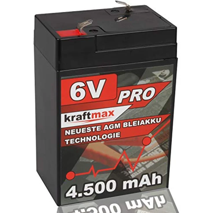 kraftmax Industrial Pro Bleiakku [6V / 4,5Ah] AGM Hochleistungs- Blei Akku der Neusten Generation, Industriequalität, Faston 4,8mm Anschluß, schwarz – Bild 1