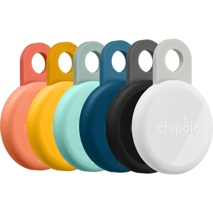 Chipolo LOOP 6-Pack, Bluetooth-Tracker mit Silikonschlaufe, kompatibel mit Apple Find My und Android Find Hub, 125 dB Signal, wiederaufladbar über USB-C, Schwarz/Weiss/Orange/Blau/Gelb/Minze