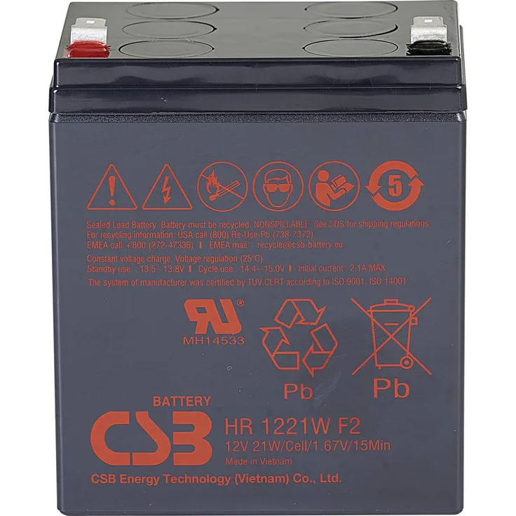 CSB Battery HR 1221W, Hochleistungs-Bleiakku 12V 5Ah AGM für USV-Anlagen, Flachstecker 6.35mm, kompakte Abmessungen 90 x 106 x 70mm