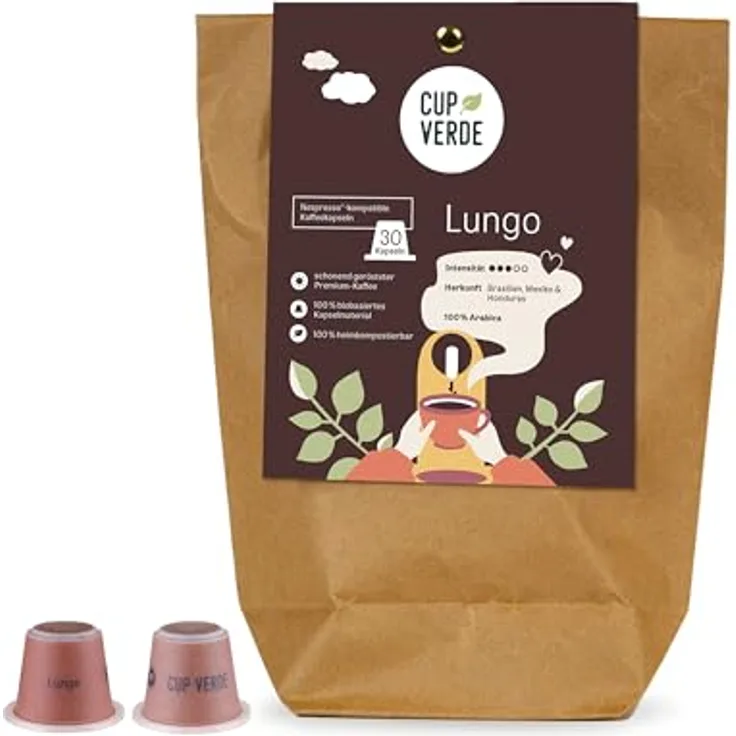 Cup Verde Lungo Kaffeekapseln, 30 Stück, kompatibel mit Nespresso, fein aromatisch, klimaneutral, biologisch abbaubar