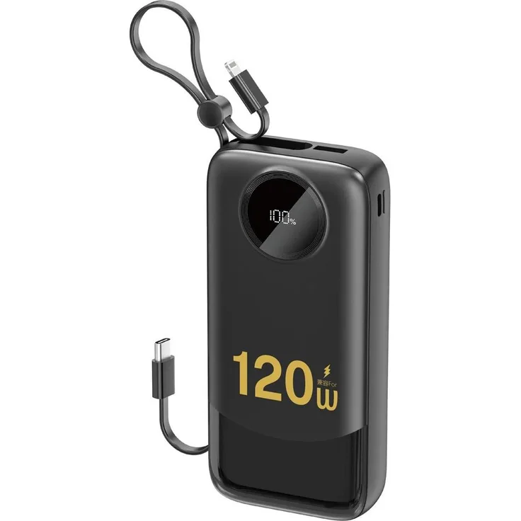 Dudao K13 Pro Powerbank 20000mAh mit Einziehkabel, Schwarz, Schnellladung, 4 Ports, digitale LED-Anzeige