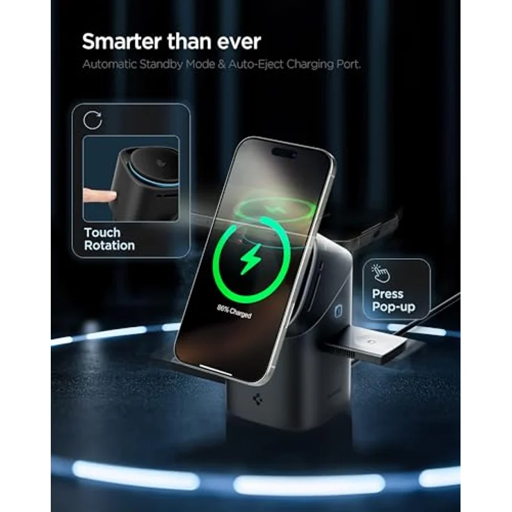Spigen Essential Qi2 15W 3-in-1 MagSafe Ladestation, Schnellladung mit Touch-Steuerung & 360°-Drehhalterung, kompatibel mit iPhone 17/16/15/14/13/12 (Pro/Max/Air), Apple Watch (SE), AirPods (Pro 2/4) – Bild 4