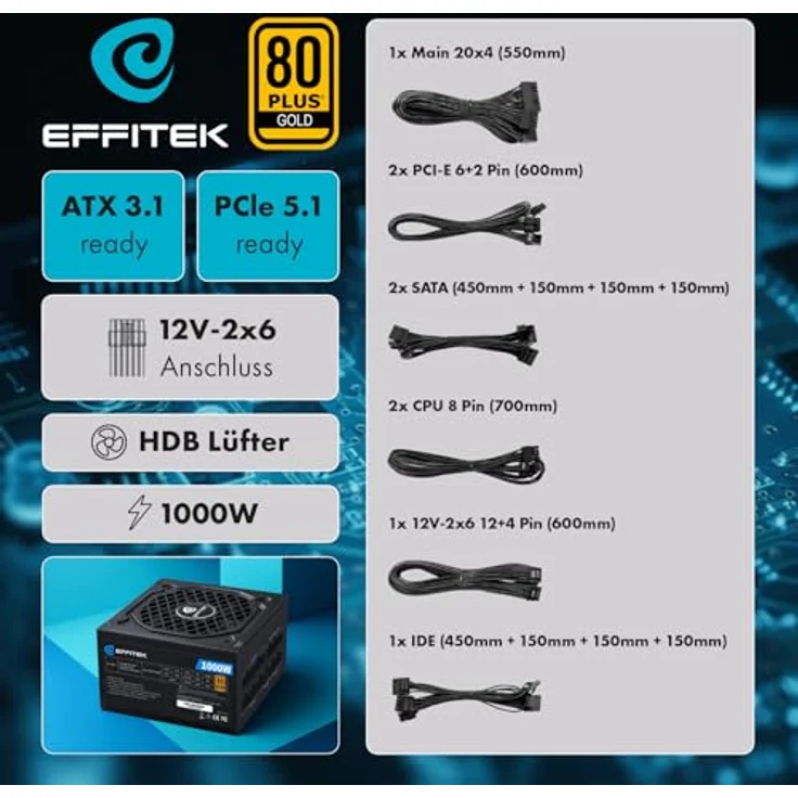 EFFITEK Gold Series 1000W Netzteil, 80 Plus Gold, ATX 3.1 & PCIe 5.1 kompatibel, vollmodular, geräuscharm, Japan 105°C Kondensator, aktives PFC, Premium 16AWG Kabel – Bild 2