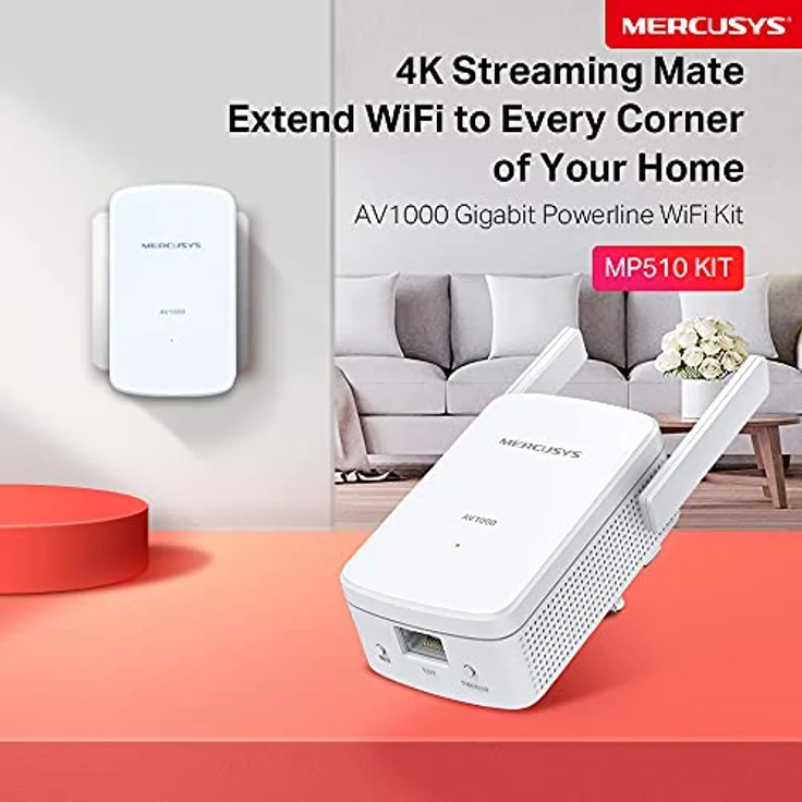 Mercusys AV1000 Gigabit Powerline Starter Kit MP510, Datenübertragung bis zu 1000 Mbps, 300 Mbps WLAN-Erweiterung, Plug-and-Play, Weiß – Bild 3