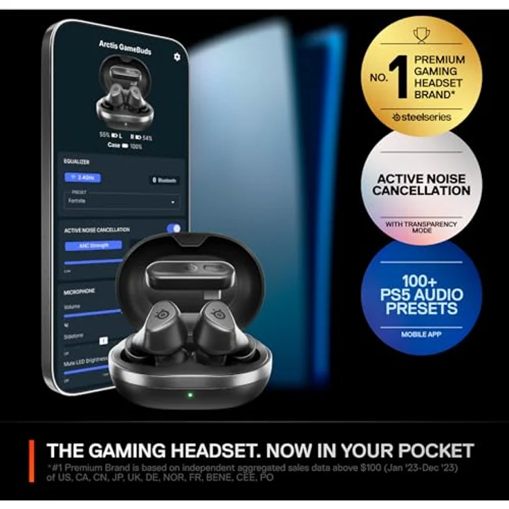 SteelSeries Arctis GameBuds™ Gaming-Headset, kabellos, 2,4 GHz + BT5.3, aktive Geräuschunterdrückung/Transparenz, 40H-Akku, kabelloses Aufladen, PS5, PC, Switch, Handy – Bild 9