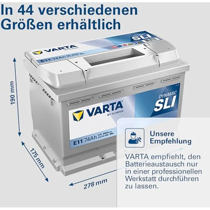 VARTA E11 Blue Dynamic 12V 74Ah 680A Autobatterie, wartungsfrei, Maße 278x175x190 mm, Schaltung 0, Pluspol rechts, inkl. 7,50 Pfand – Bild 6
