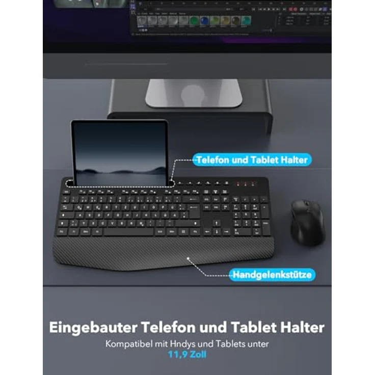 SABLUTE Kabelloses Tastatur Maus Set, Ergonomische Vollgröße mit Handgelenkauflage, Telefonhalter, leise 2,4 GHz für Mac und Windows – Bild 3