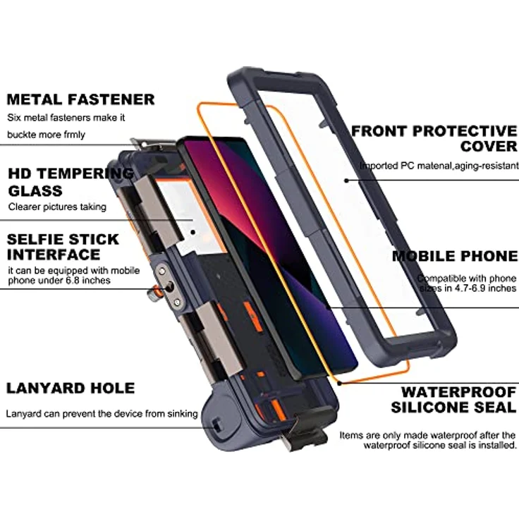 ShellBox Case Taucherhülle 2. Generation für iPhone/Samsung Galaxy Serie, universelle Handys [4,9-6,9 Zoll], Schnorcheln [15 m] Ganzkörperschutz (blau-orange) – Bild 5