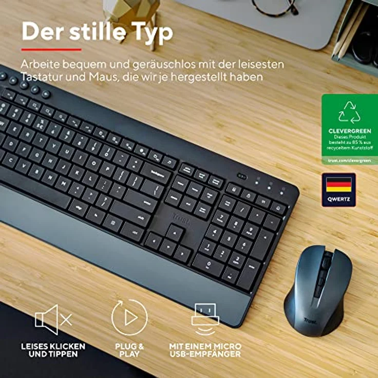 Trust Trezo Tastatur Maus Set Kabellos, Deutsches QWERTZ-Layout, Nachhaltiges Design, Kabellose mit Funkmaus, Leise und Ergonomische Combo, 48 Monaten Batterielaufzeit, 2.4 GHz, PC, Laptop, Schwarz – Bild 2
