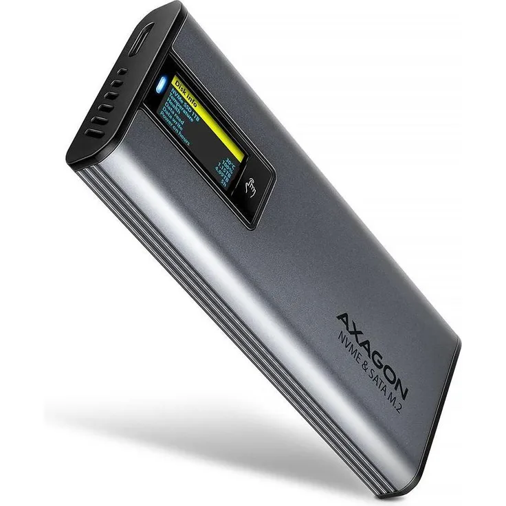 Axagon EEM2-SD2, Externes USB-C 3.2 Gehäuse für M.2 NVMe/SATA SSDs, 10 Gb/s, mit LED-Display, Farbe Grau