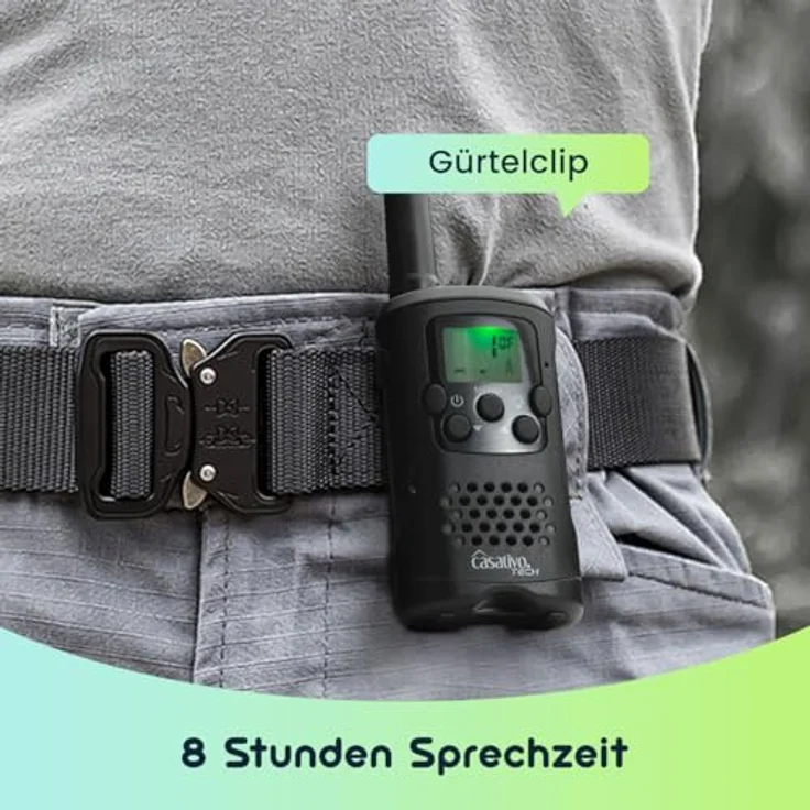 Casativo 4er-Set Akku-PMR-Funkgerät, Walkie Talkie mit 10 km Reichweite, 8 Kanäle, Gürtelclip, Taschenlampe, Ladestation, 8 Stunden Sprechzeit – Bild 5