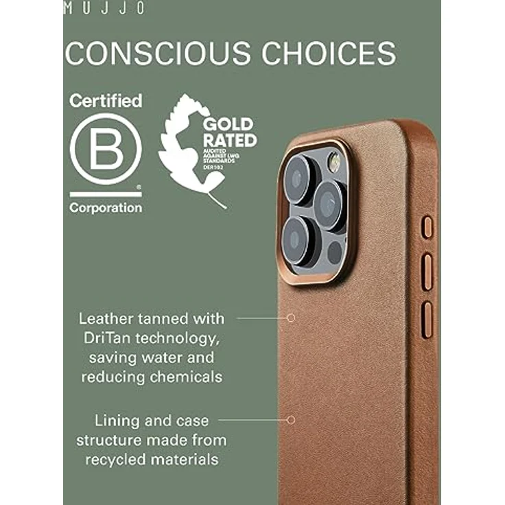 Mujjo Leder-Handyhülle für iPhone 15 Pro Max, MagSafe-kompatibel, europäisches Leder, recycelte Materialien, goldbewertet – Bild 4