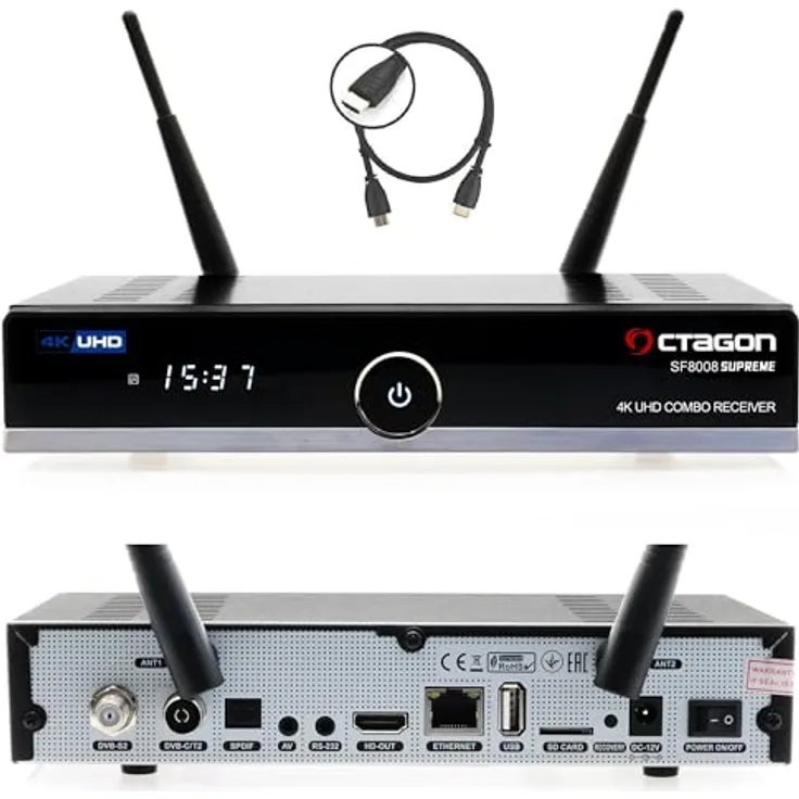 Octagon SF8008 UHD 4K Supreme Combo + 500GB Festplatte INTERN, Sat- Kabel- & DVB-T2 Receiver, E2 Linux & Define OS, Gigabit LAN, Sat to IP, WiFi, in Schwarz