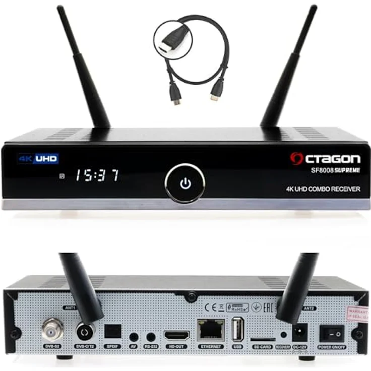 Octagon SF8008 UHD 4K Supreme Combo + 250GB Festplatte INTERN, Sat- Kabel- & DVB-T2 Receiver, E2 Linux & Define OS, mit Aufnahmefunktion, M.2 M Key, Gigabit LAN, Kartenleser, Sat to IP, WiFi - Octagon Sat-Receiver mit 250GB Festplatte, Multistream Support, Gigabit LAN, Bluetooth 5.1, Dual-Band-WiFi, M.2-Schnittstelle – Bild 1