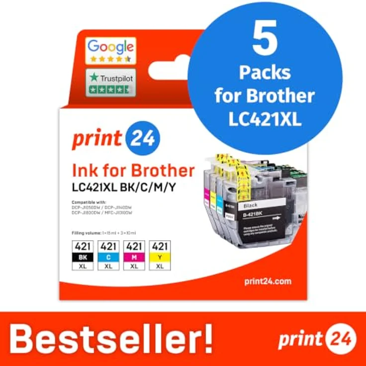 print24 Druckerpatrone LC421XL, 5-tlg. Packung in Cyan, Magenta, Gelb und Schwarz, bis zu 500 Seiten Leistung – Bild 2
