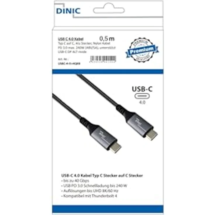 DINIC USB-C 4.0 Kabel, 1m, Typ C auf C, PD 240W, 40Gbps, Alu Stecker, Nylon Kabel, schwarz – Bild 4