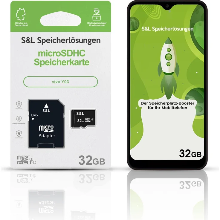 S&L microSD Speicherkarte 32 GB für vivo Y03, Class 10 U1, stoßsicher, wasserdicht, hohe Lesegeschwindigkeit