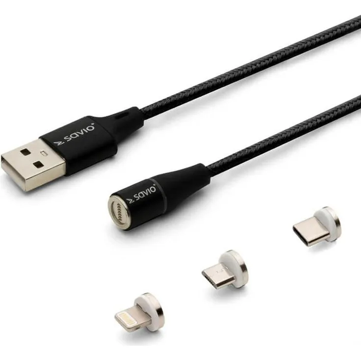 Savio CL-155, 2 m USB Magnetkabel, 3 in 1 (USB A, USB C, Micro-USB, Lightning), Schnellladung bis 3A, Schwarz