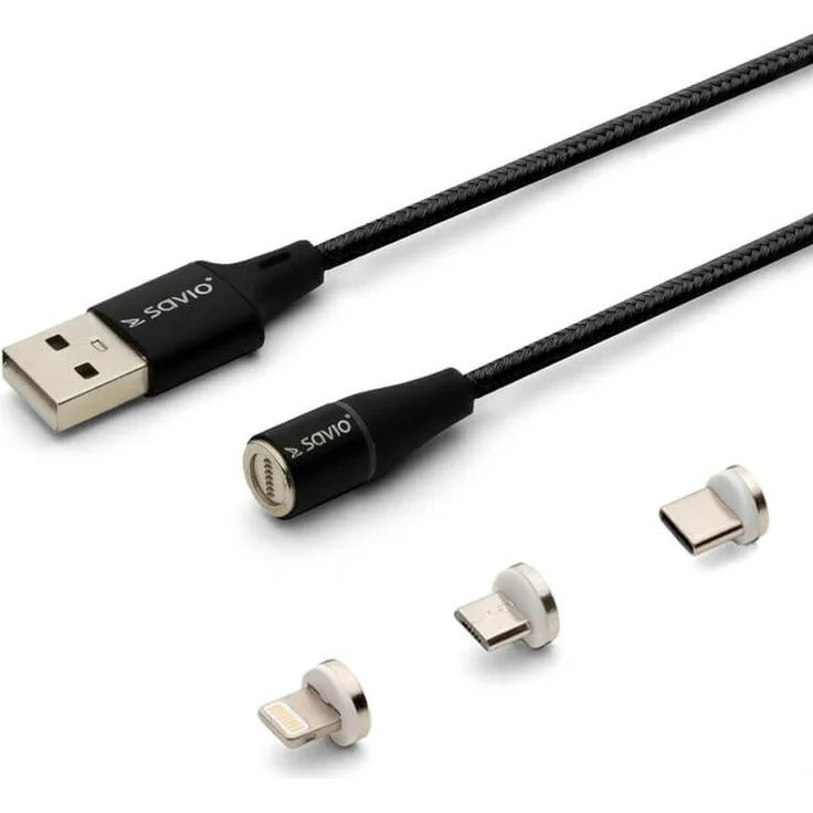 Savio CL-155, 2 m USB Magnetkabel, 3 in 1 (USB A, USB C, Micro-USB, Lightning), Schnellladung bis 3A, Schwarz