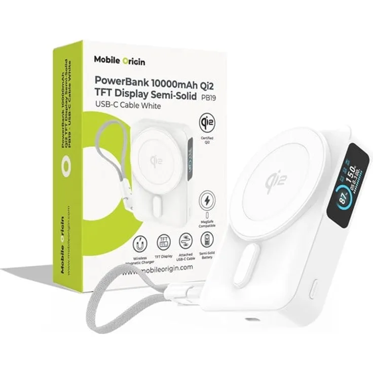 Mobile Origin PB19 Qi2, Power Bank mit 10.000 mAh, TFT-Display, integriertes USB-C-Kabel, Weiß
