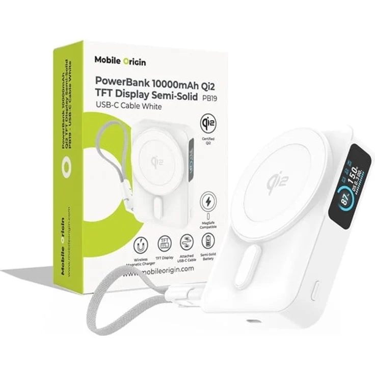 Mobile Origin PB19 Qi2, Power Bank mit 10.000 mAh, TFT-Display, integriertes USB-C-Kabel, Weiß