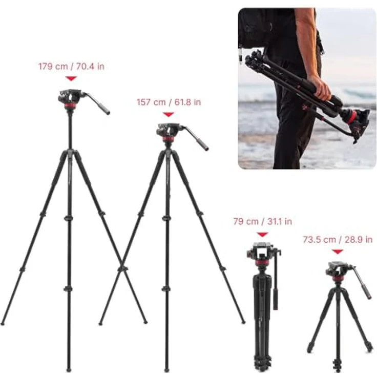 Manfrotto 055 Alu Kit, Videostativ mit Fluid-Kopf, 3 Segmente, belastbar bis 10 kg, Höhe von 54 bis 179 cm – Bild 7