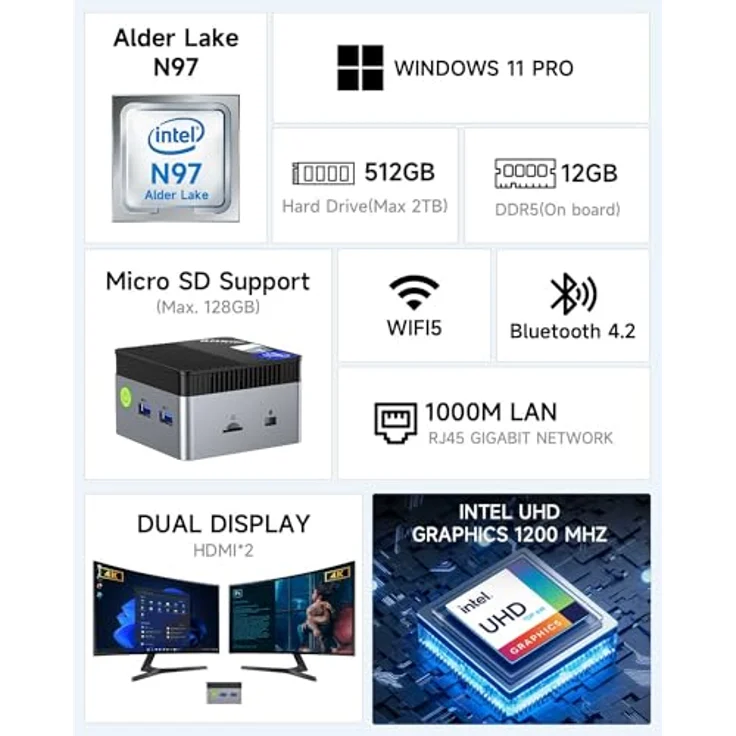 DroiX GMKTec NucBox G5 Mini PC, Intel N97, 12GB LPDDR5, 512GB SSD, UHD Grafik, Dual HDMI 4K, WiFi 5, Bluetooth 4.2, Windows 11 Pro, kompakt (72x72x44.5mm) – Bild 3